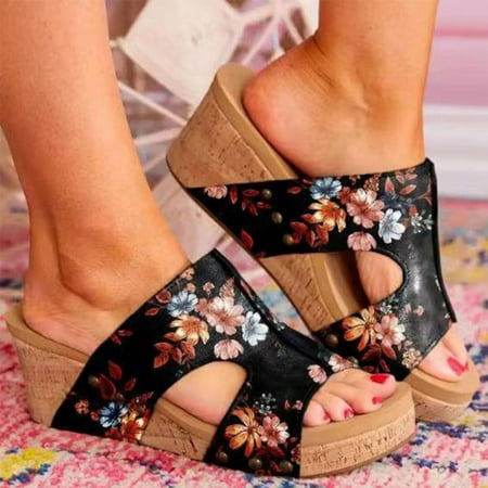 

Sawvnm Vintage Floral Sandals Fashionable Sponge Cake Heels Thick Soled Open Toe Slippers Savings up to 30% off Black US:9.5
