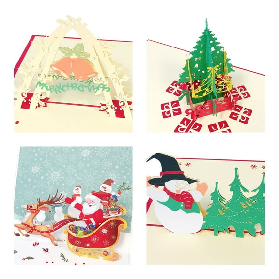 Wrapables® 3D Pop-Up Greeting Cards for Birthday, Thank you, Anniversary, Wedding, Holidays (Set of 4), Christmas (Sleigh, Christmas Tree, Bells, Snowman)