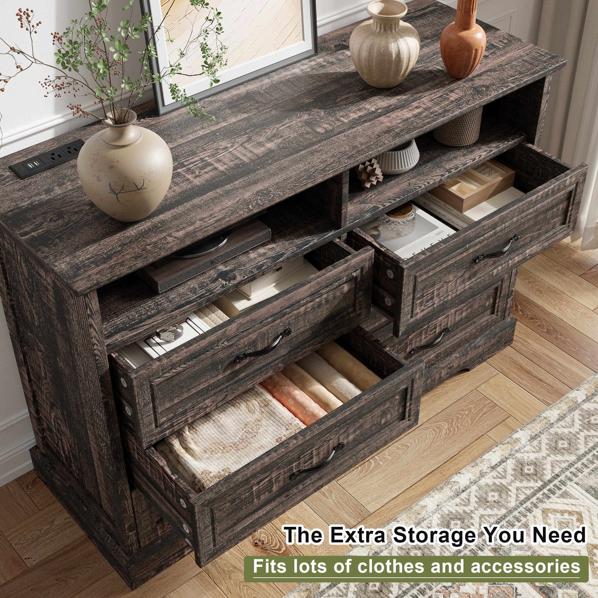 6 Drawer Dresser with LED Lights Chest of Drawers for Bedroom Farmhouse Dresser with Charging Station & Storage Shelf