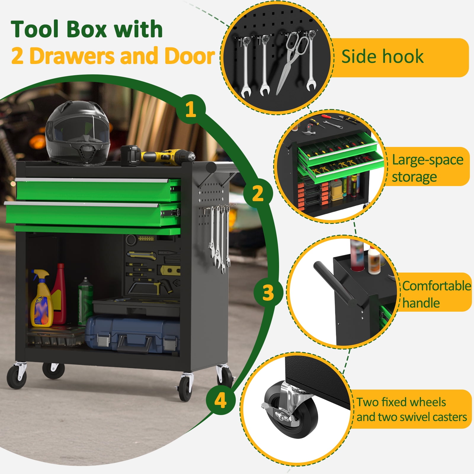 Odaof, 54 lb, 24.4" 8-Drawer Detachable Toolbox with LockGreen and Black
