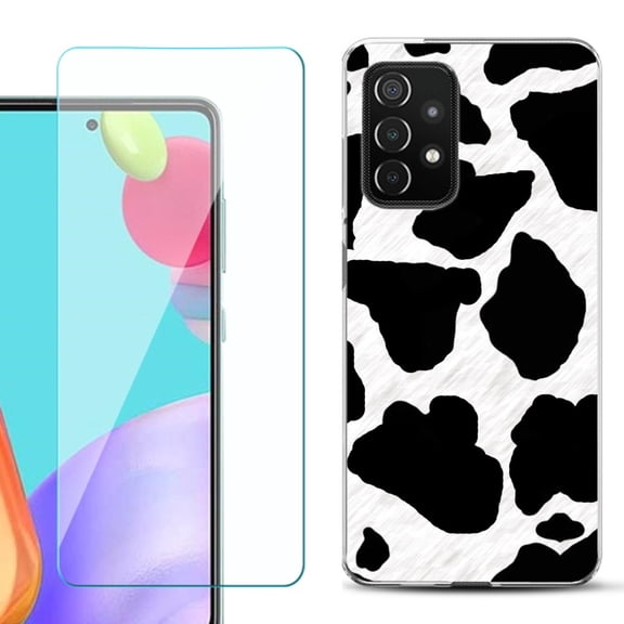 Slim-Fit Flexible Gel TPU Phone Case compatible with Samsung Galaxy A52 5G, with Tempered Glass Screen Protector, by OneToughShield ® - Cow Skin Design