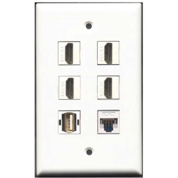 RiteAV - 4 Port HDMI 1 USB A-A 1 Cat5e Ethernet White Wall Plate