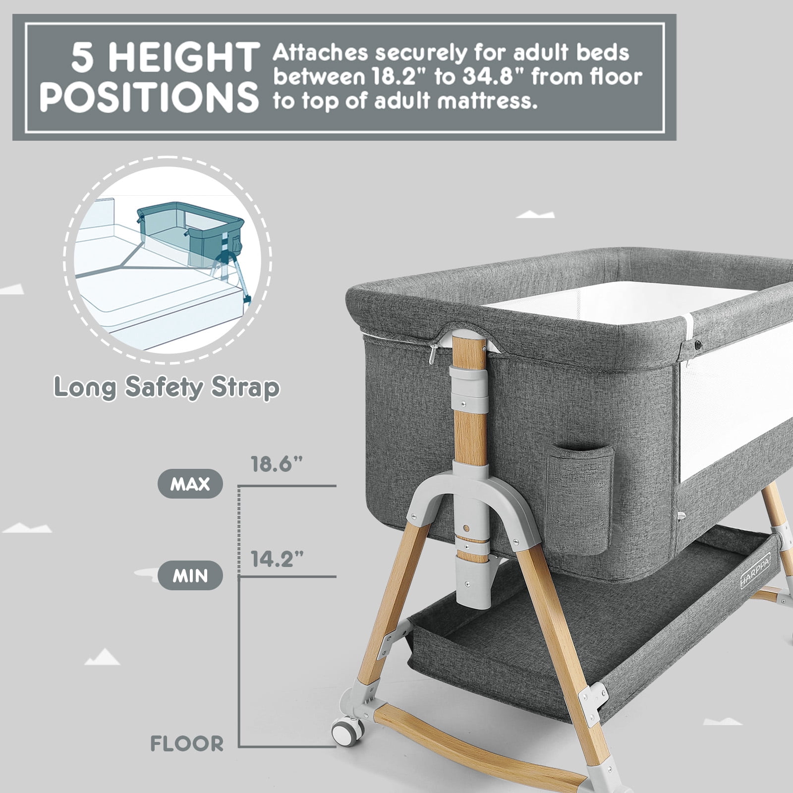 HARPPA 3 in 1 Baby Bassinet Bedside Sleeper, Height Adjustable, Easy Folding, Gray