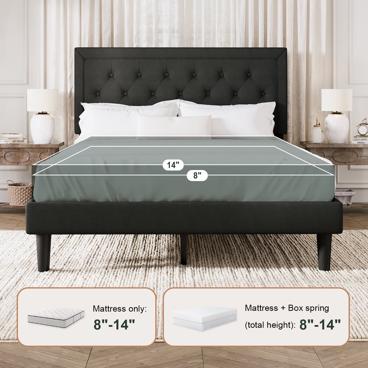 Amolife Queen Bed Frame with Adjustable Headboard, Upholstered Platform Bed, No Box Spring Required, Black