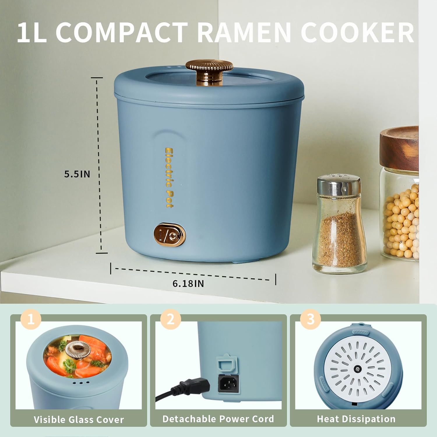 Hot Pot Electric, 1L Mini Ramen Cooker, 450W Rapid Noodles Cooker, Multifunctional Electric Pot for Cooking Pasta, Egg, Soup, Portable Pot with Over-Heating Protection for Dorm, Office, Travel