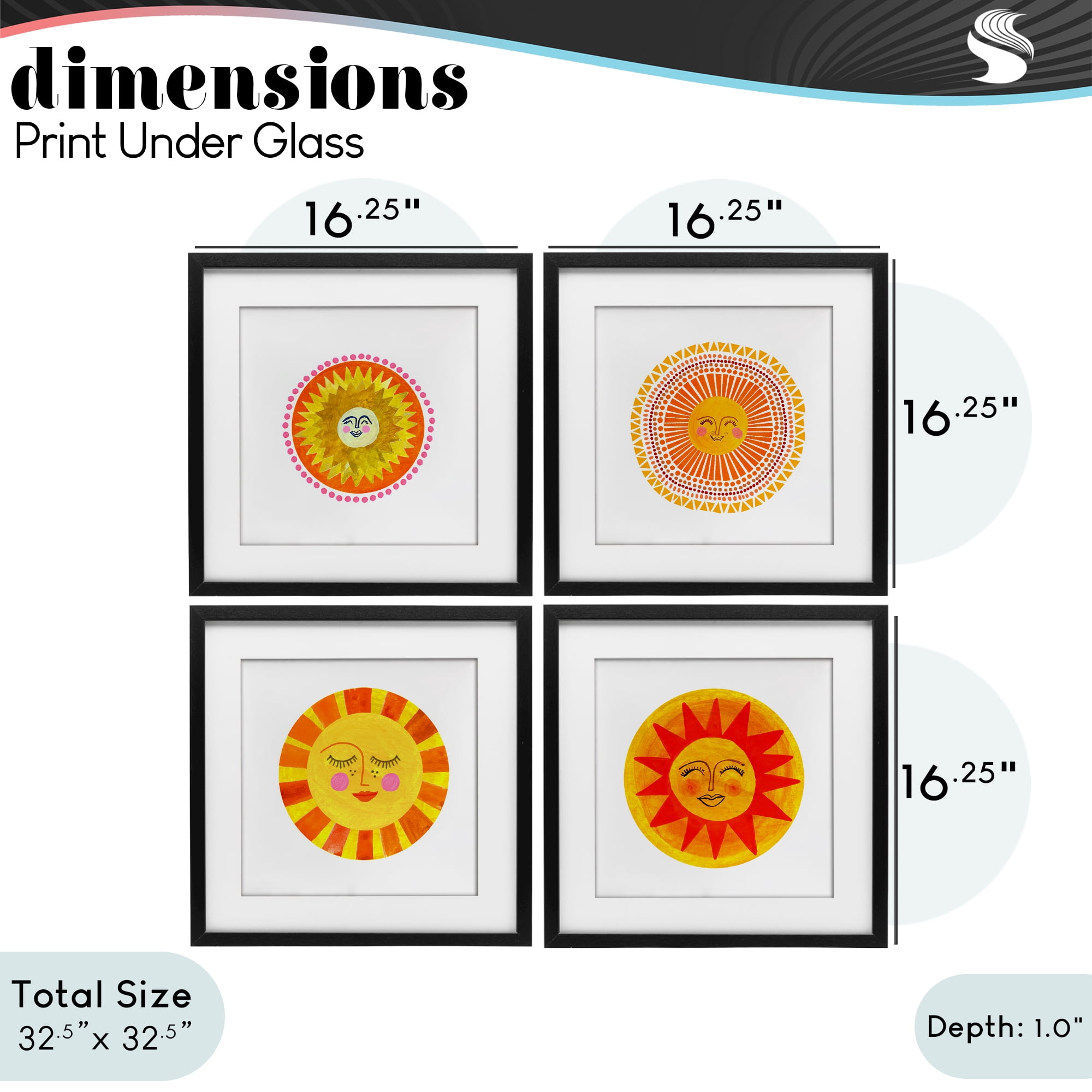 Stupell Industries Whimsical Smiling Suns 4 Piece Black Framed Print Under Glass Set, design by Katherine Herrell Studio