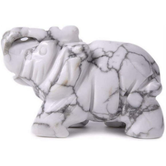 Angelstones Carved Natural White Howlite Gemstone Elephant Healing Crystal Guardian Statue Figurine Crafts 2 inch