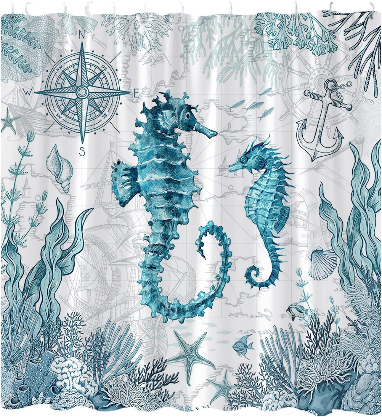 aoselan Seahorse Shower Curtain Nautical Coastal Starfish Seashell Coral Beach  Ocean Themed Underwater Marine Pattern Home Bathroom Polyester Fabric Decor  Curtains Set with Hooks 36 x 72inch 