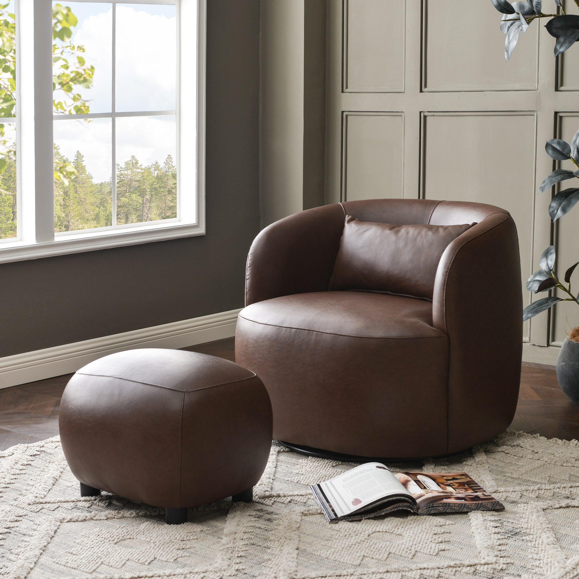 23" Wide Faux Leather Upholstered Ottoman, Mid-Century Modern Living Room Footrest with Soft Padded Seat, Footstool for Bedroom, Entryway or Living Room, Dark Brown