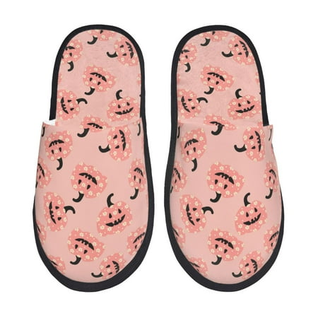 Balery Smiling Pink Pumpkins Slient Indoor Furry Fleece Comfort House Shoes Soft Non-Slip Home Shoes Cotton slippers House Slippers-- Large