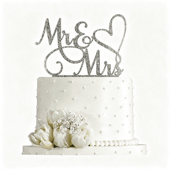 LQSEO Mr and Mrs Cake Topper Decoration for Bride and Groom Sign Wedding/Engagement,Silver Glitter Acrylic Elegant Wedding Cake Toppers