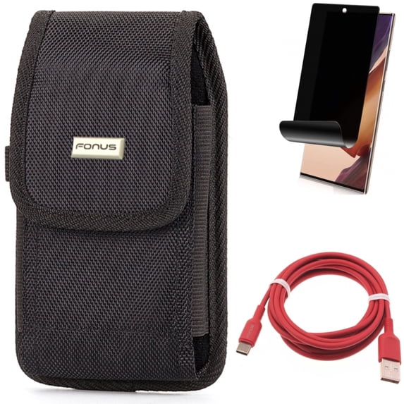 Privacy Screen Protector & 6ft USB-C Cable & Case Belt Clip for Samsung Galaxy Note 20 Ultra (6.9") - Combo with TPU Film Anti-Peep & Red Charger Cord & Rugged Holster