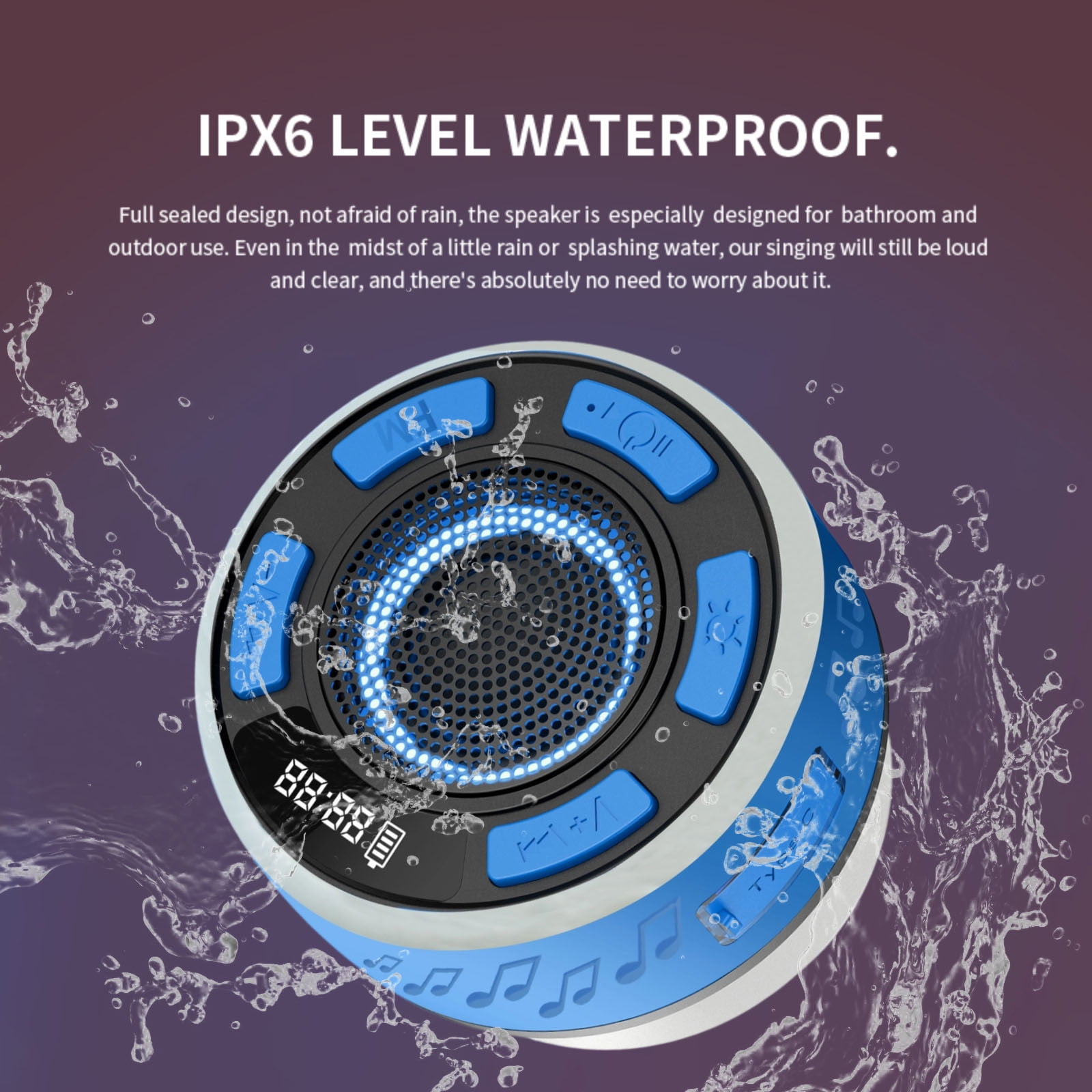 IPX7 Waterproof Bluetooth Speaker with Detachable Suction Cup, RGB Color Changing LED Shower Speaker, Portable Outdoor Speaker for Pool Beach and Camping, Wireless bluetooth audio