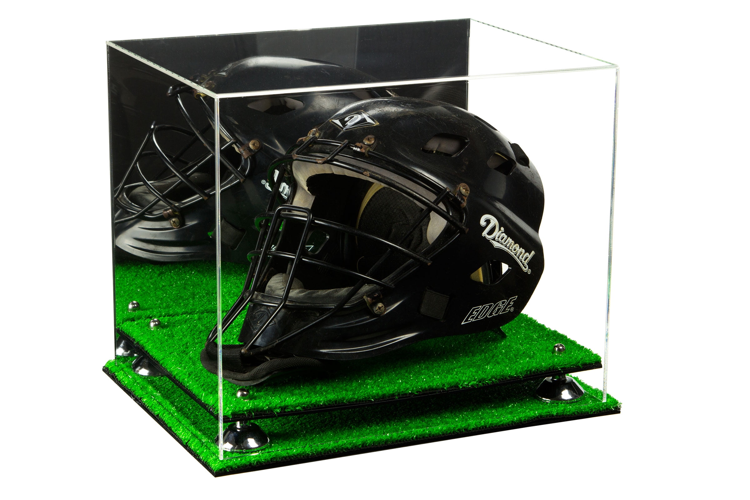 Deluxe Acrylic Catchers Helmet Display Case with Silver Risers, Mirror