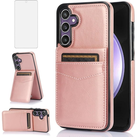 Phone Case for Samsung Galaxy S23 FE Gaxaly S 23 FE 5G with Tempered Glass Screen Protector Credit Card Holder Wallet Cover Stand Leather Cell Accessories S23FE5G S23FE 23S G5 Women Rose Gold