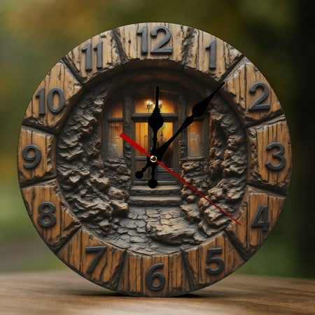 Wall Clock Decorative - Rustic Brown Doorway-A Print 2D Vintage Wall Clocks Battery Operated Silent Non-Ticking for Bedroom, Living Room, Kitchen, Office, Classroom, 10 Inch