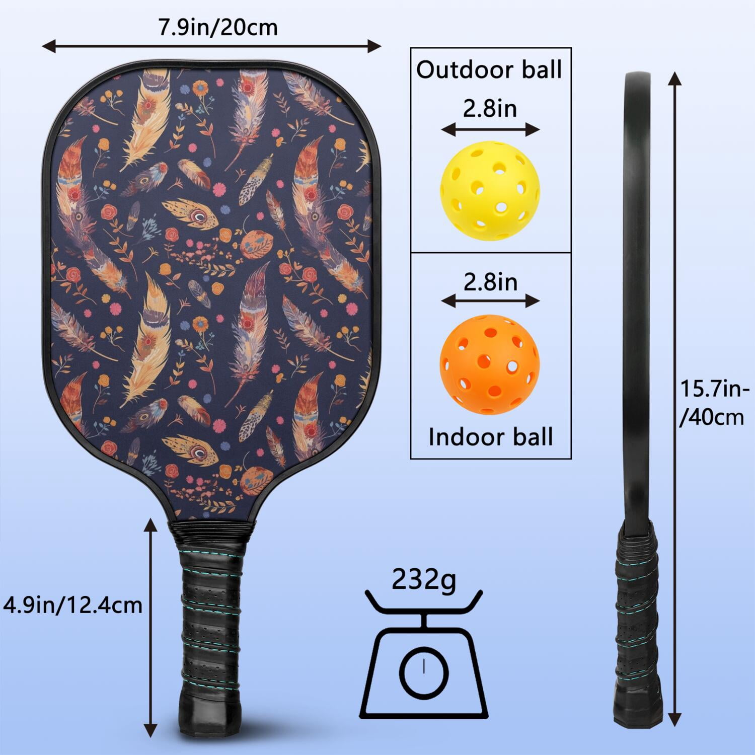 Pickleball Paddles Set Of 2, Fiberglass Surface, Colorful Feather Print, 4 Balls & Bag