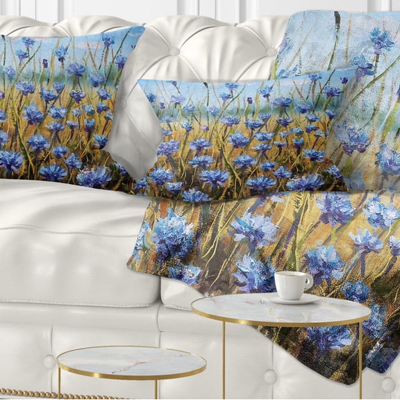 Designart Blue Flowers in Meadow Painting - Floral Painting Throw Pillow - 12x20