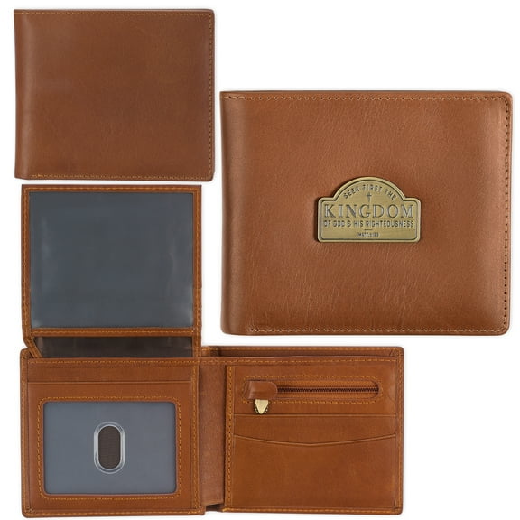 Christian Art Gifts Genuine Full Grain Leather RFID Blocking Scripture Wallet for Men: Seek First the Kingdom - Mat. 6:33 Inspirational Bible Verse Accessory for Credit Cards, Bills, ID, Photos, Tan