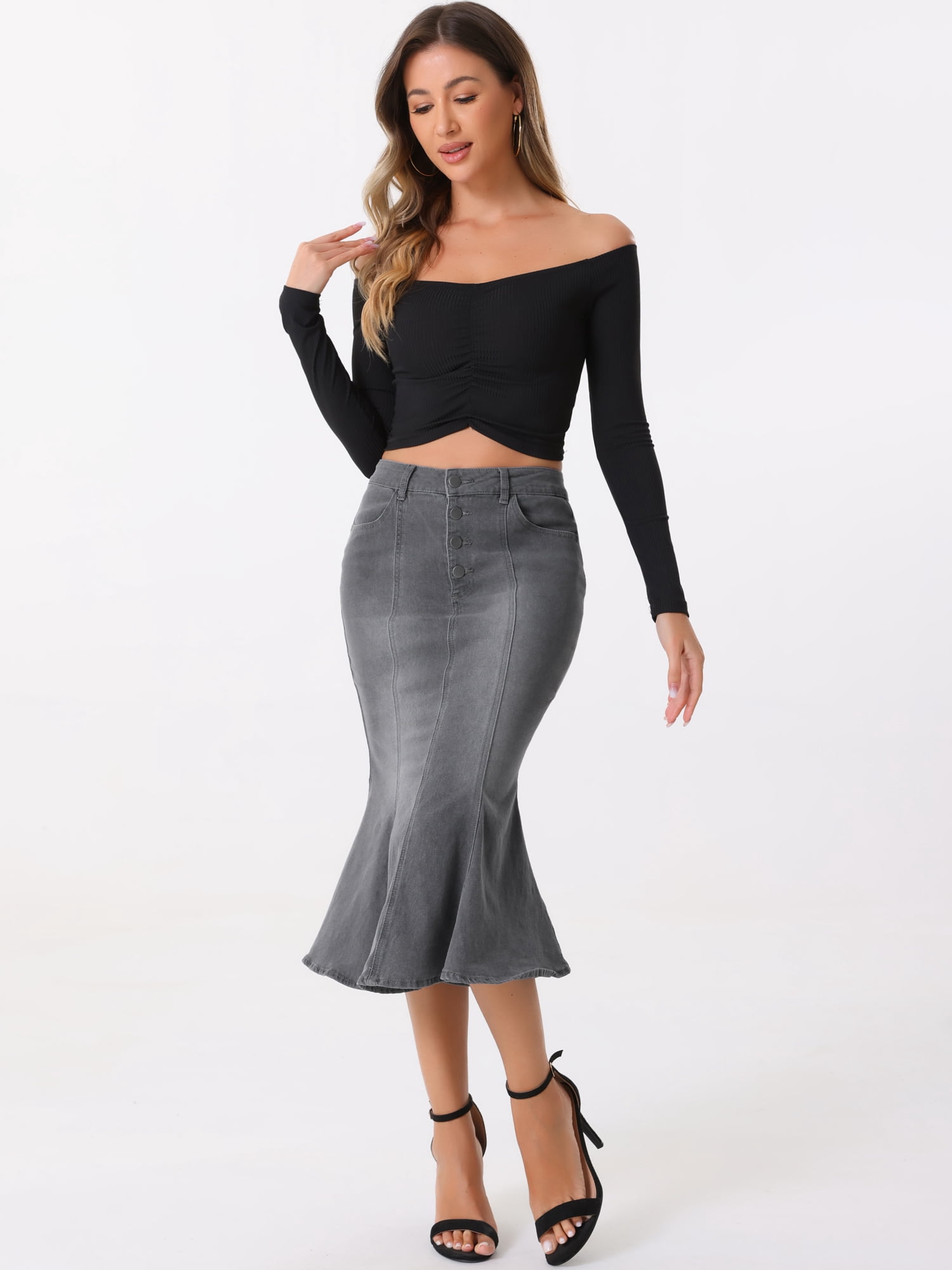 DARING DIVA Women's Soft Elegant Washed Fishtail Casual Midi Denim Skirt XL Grey