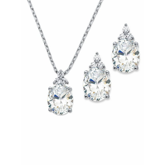 PalmBeach Jewelry Oval-Cut Cubic Zirconia 2-Piece Earrings and Pendant Necklace Set 13.22 TCW Platinum-Plated 18"-20"