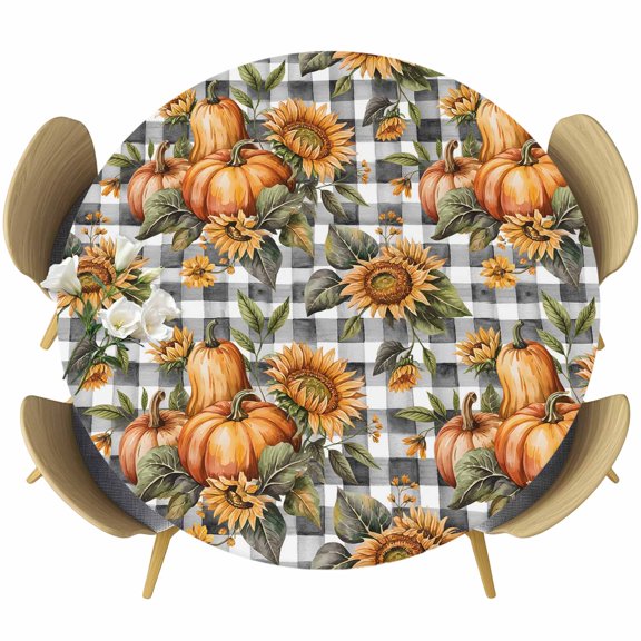 Sunflower Pumpkins Round Tablecloth 36-44 Inch Round Fitted Table Cloth with Elastic Edge, Fall Botanical Leaves Black Check Waterproof Table Cover Protector for Outdoor Picnic Party Dining