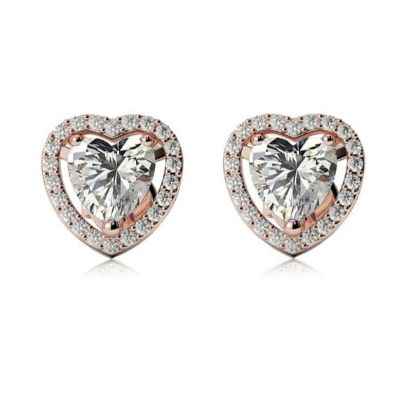 24k Rose Gold Halo Heart 1 Ct White Sapphire Stud Earrings Plated by Paris Jewelry