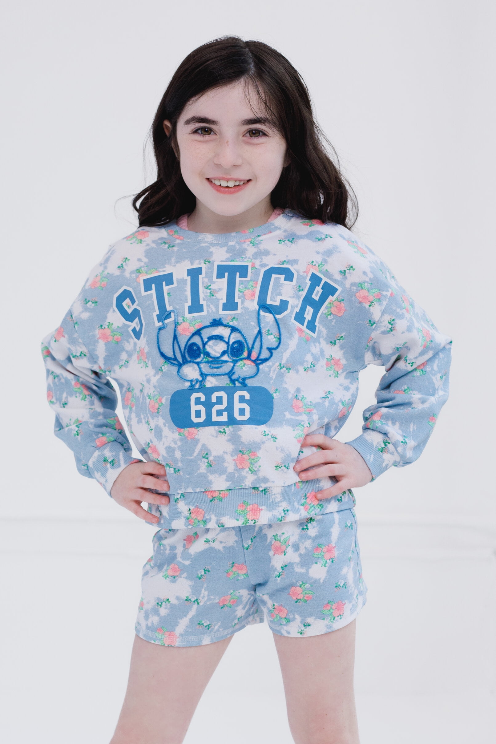 Disney Lilo & Stitch French Terry Drop Shoulder Pullover Sweatshirt, T-Shirt and Shorts 3 Piece Outfit Set Tie Dye Toddler to Big Kid