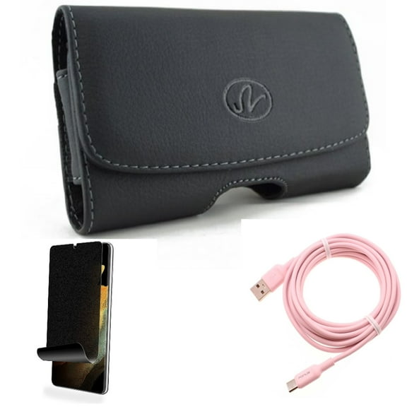 Case Belt Clip & Privacy Screen Protector & 10ft Long USB-C Cable for Samsung Galaxy S22 Plus (S22 ) - Combo Leather Swivel Holster & TPU Film (Fingerprint) Anti-Peep & Pink Charger Cord Power Wire