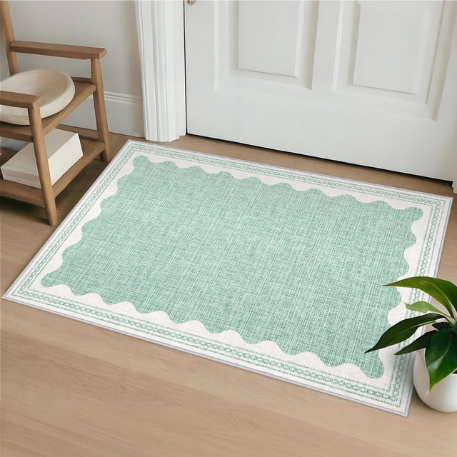 Nanan 2'x3' Scalloped Edge Area Rug, Machine Washable Low-Profile Woven Carpet, Non-Slip Soft Textured Rug for Living Room Bedroom Nursery Home Decor,Green