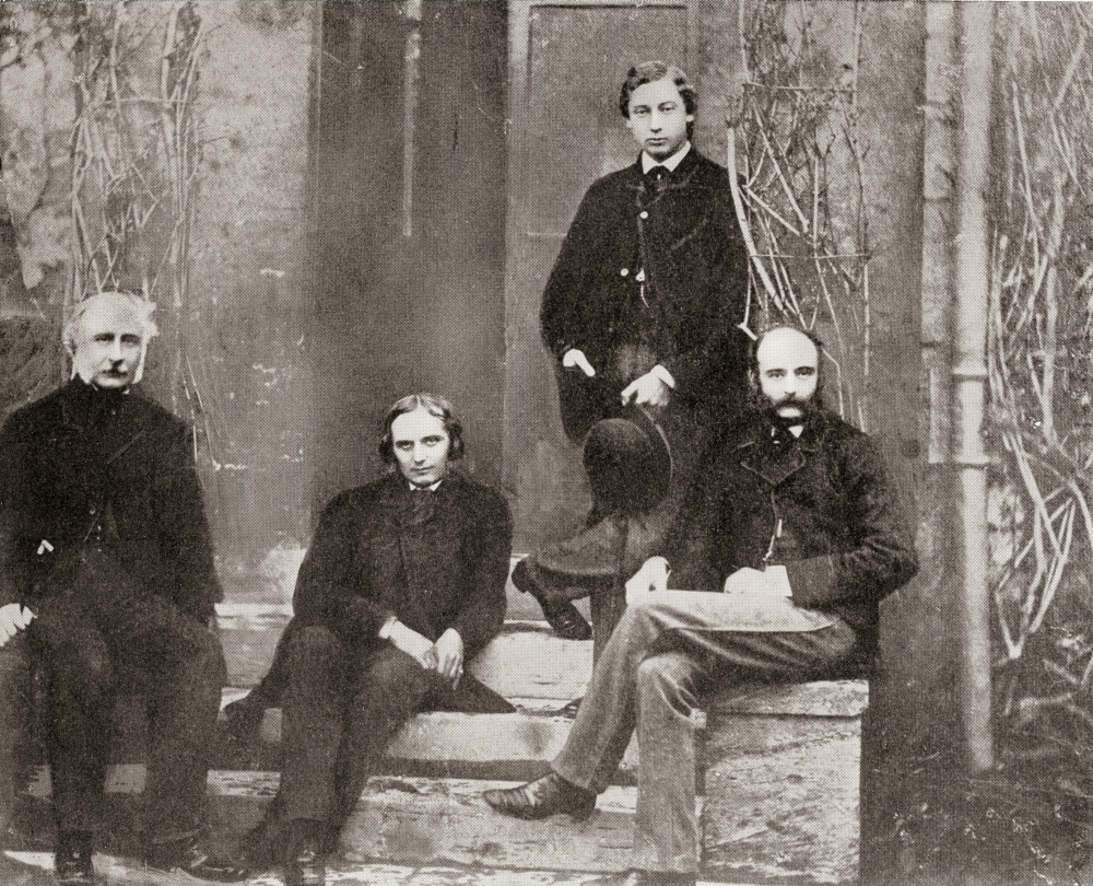 Albert Edward Prince of Wales future King Edward VII and his tutors from Oxford seated from left Colonel Bruce his governor FW Gibbs his tutor and Rev Charles Tarver director of studies and Chaplain E