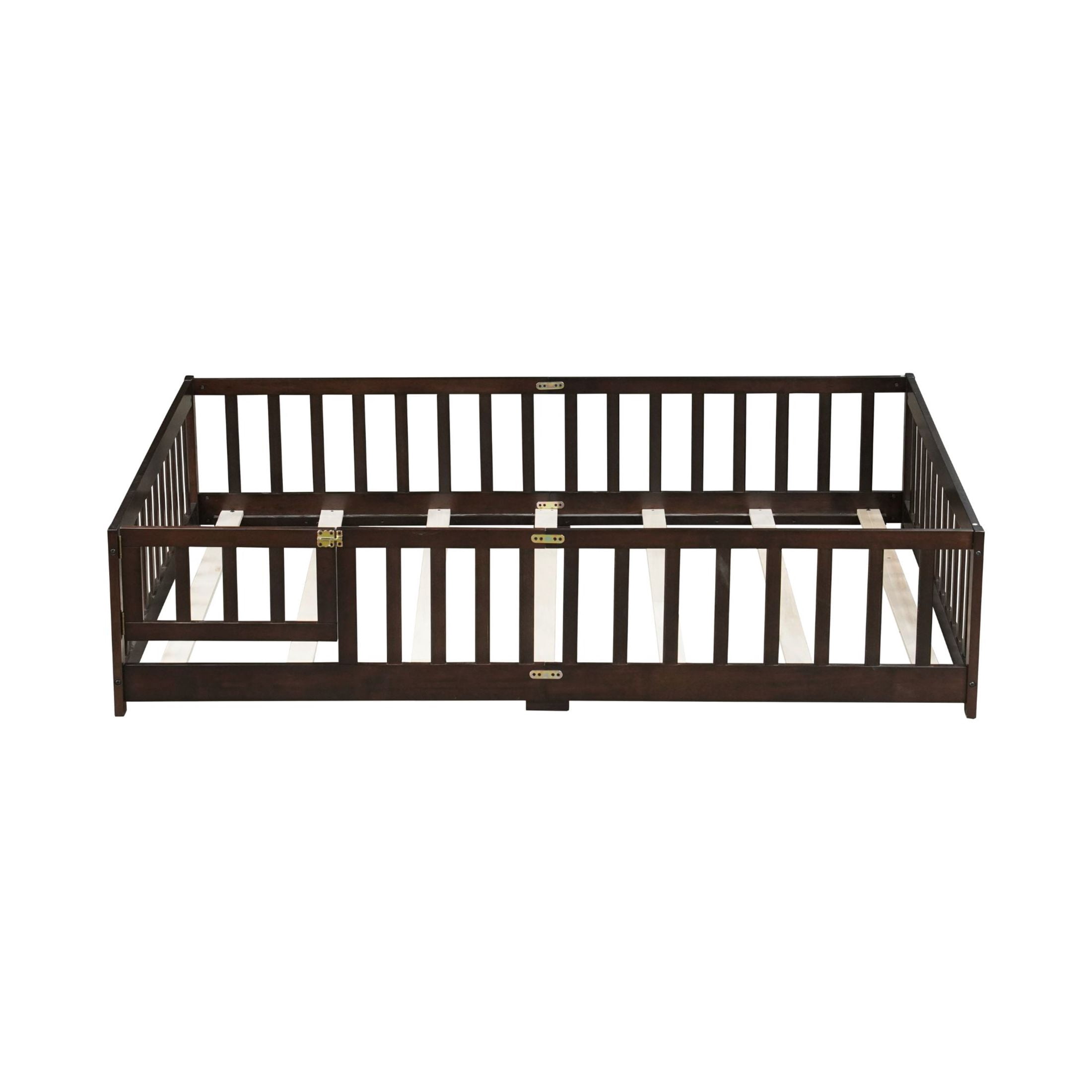 Noble House Corvel Full Size Rubber Wooden Floor Bed with Safety Guardrails & Latching Fence Door, Espresso