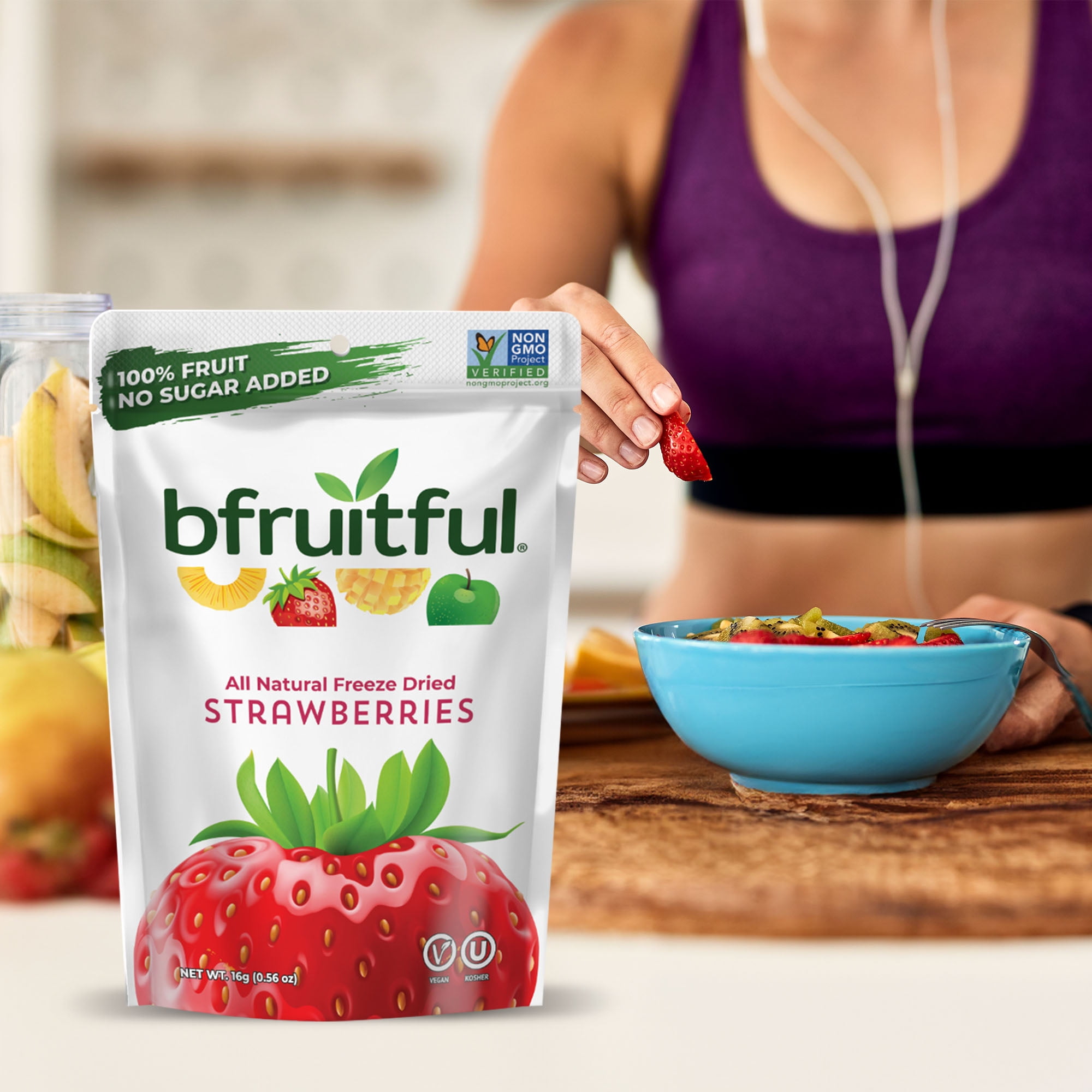Bfruitful Freeze Dried Strawberries, Gluten Free, 12 Single-Serve Bags, Crunchy Strawberry Flavor