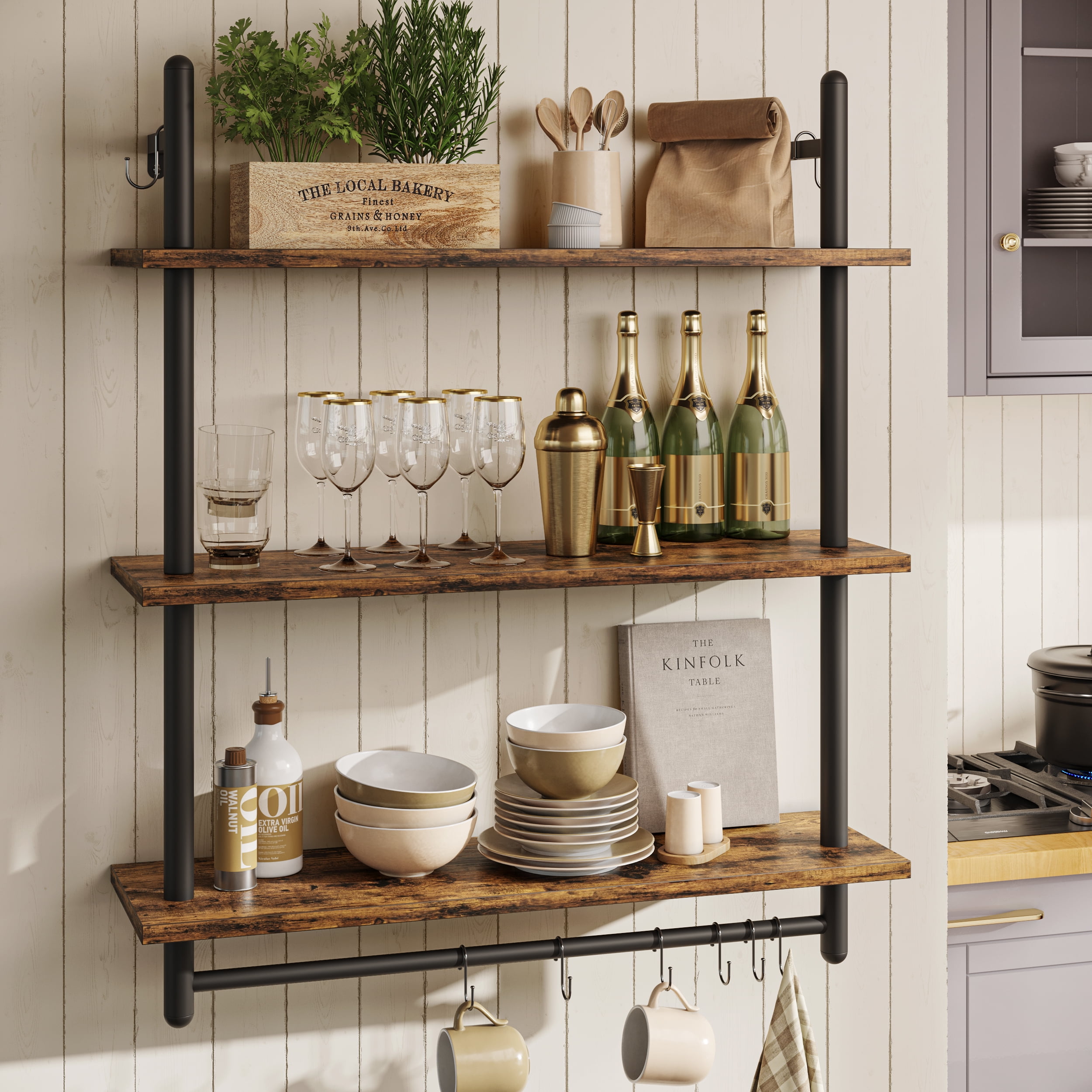 Bestier 31" Kitchen Wall Shelves 3Tier Floating Shelves for Bathroom, Bedroom, Rustic Brown