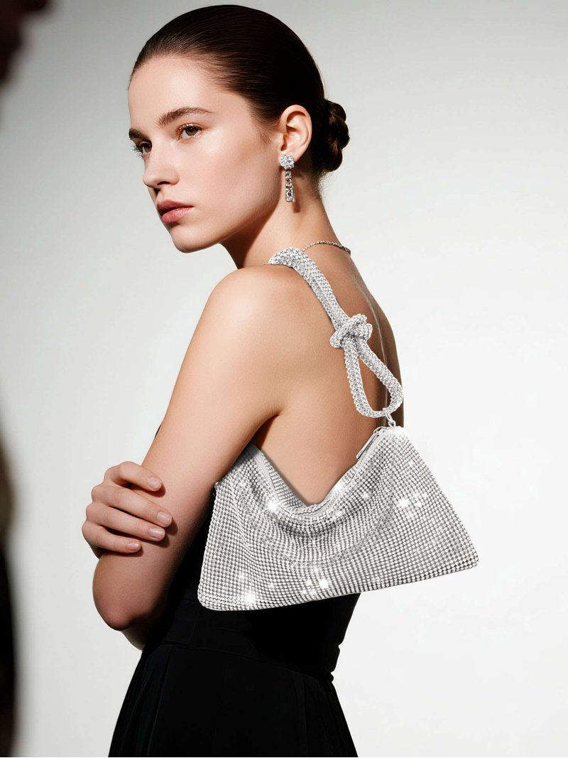 silver dress handbags Deago Rhinestone Purse for Women Cluth Evening Bag Glitter Sparkly Mini Handbags for Party Prom Club Wedding (Silver), Women's, Size: Small