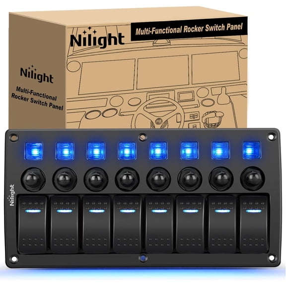 Nilight 8 Gang Rocker Switch Panel Waterproof Pre-Wired Marine with Resettable Circuit Breaker LED Backlight 5A 10A 15A Breakers 12V 24V ON Off 3 PIN Toggle Switches for Car Truck Boat RV