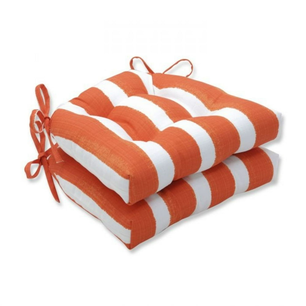 Set of 2 Orange and White Striped Outdoor Patio Tufted Reversible Chair Pads 16