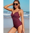 thumbnail image 2 of Charmo Women Ribbed One Piece Bathing Suits Ruffle V Neck Swimsuit High Cut Monokini, 2 of 6