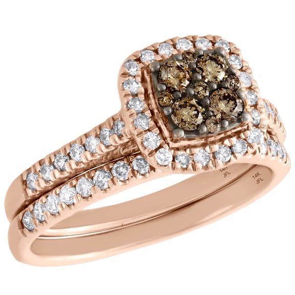 14K Rose Gold Brown Diamond Bridal Set Engagement Ring Wedding Band 0.75 CT.