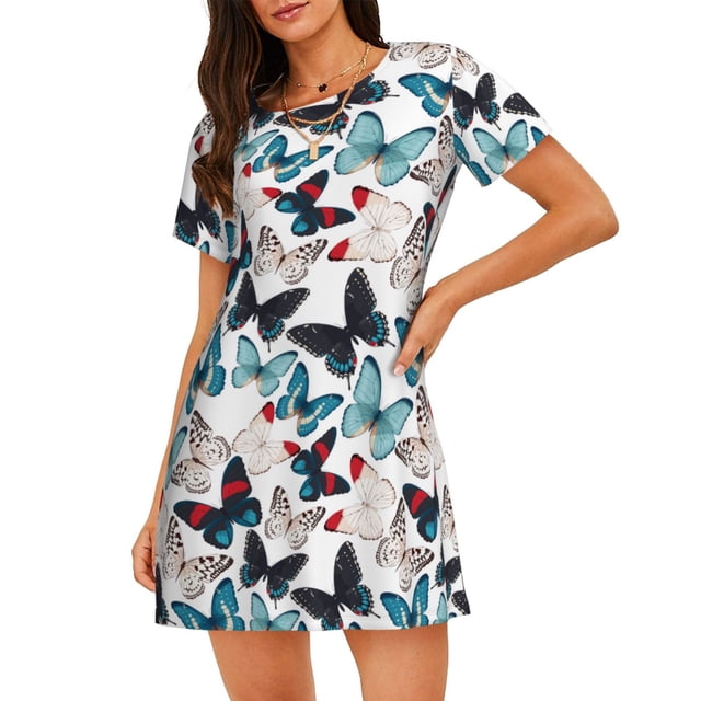 Fotbe Butterfly Bata de Dormir para Mujer con Estampado, Camisón de Algodón de Manga Corta, Ropa de Dormir Casual