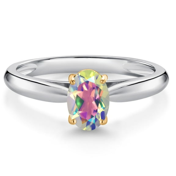 Gem Stone King 925 Sterling Silver and 10K Yellow Gold Mercury Mist Mystic Topaz Solitaire Engagement Ring for Women (1.00 Cttw, Oval 7X5MM, Gemstone Birthstone, Size 6)