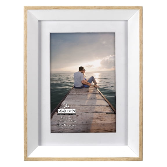Malden Int Designs 5x7/6x8 White and Natural Deep-Set Bevel Matted Picture Frame
