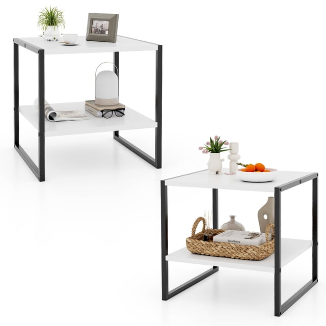 Patiojoy Square End Table Simple Style End Table with Adjustable Storage Shelf Sturdy Metal Frame Modern Nightstand 2pcs