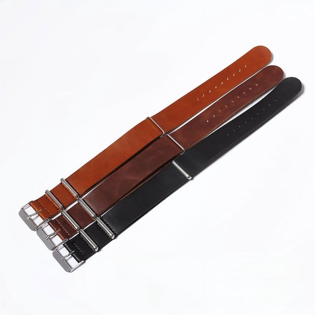 Correa de cuero de acero con hebilla de tres anillos para hombre, larga, negra y marrón, 18 mm, 20 mm, 22 mm, correa de reloj de cuero
