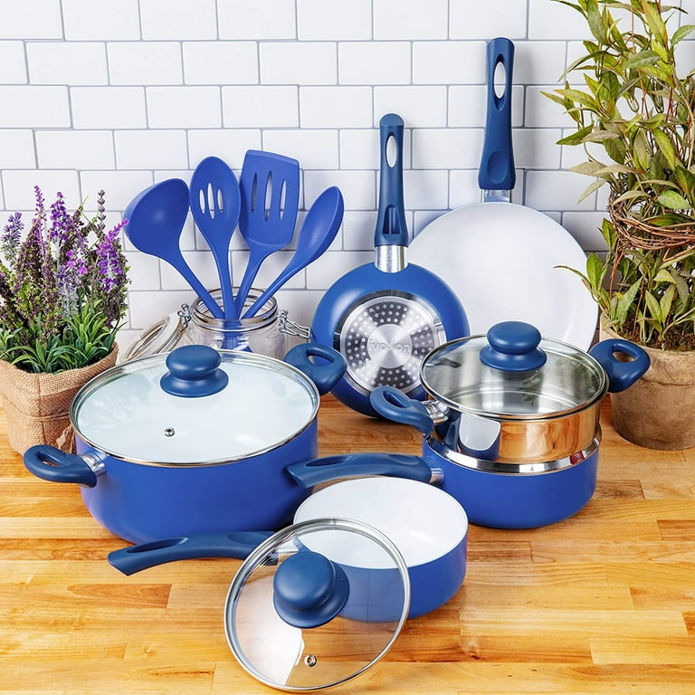 NuWave 9PC Nonstick Cookware Set Healthy Duralon Blue Ceramic, Forged Pots  and Pans Set with Tempered Glass Lids- Cool Gray