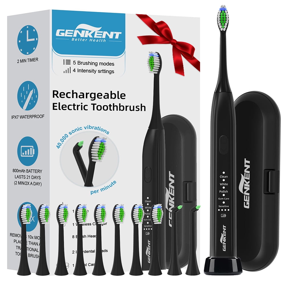 GENKENT Ultrasonic Toothbrush, Electric Toothbrush, 8 Brush Heads, 2