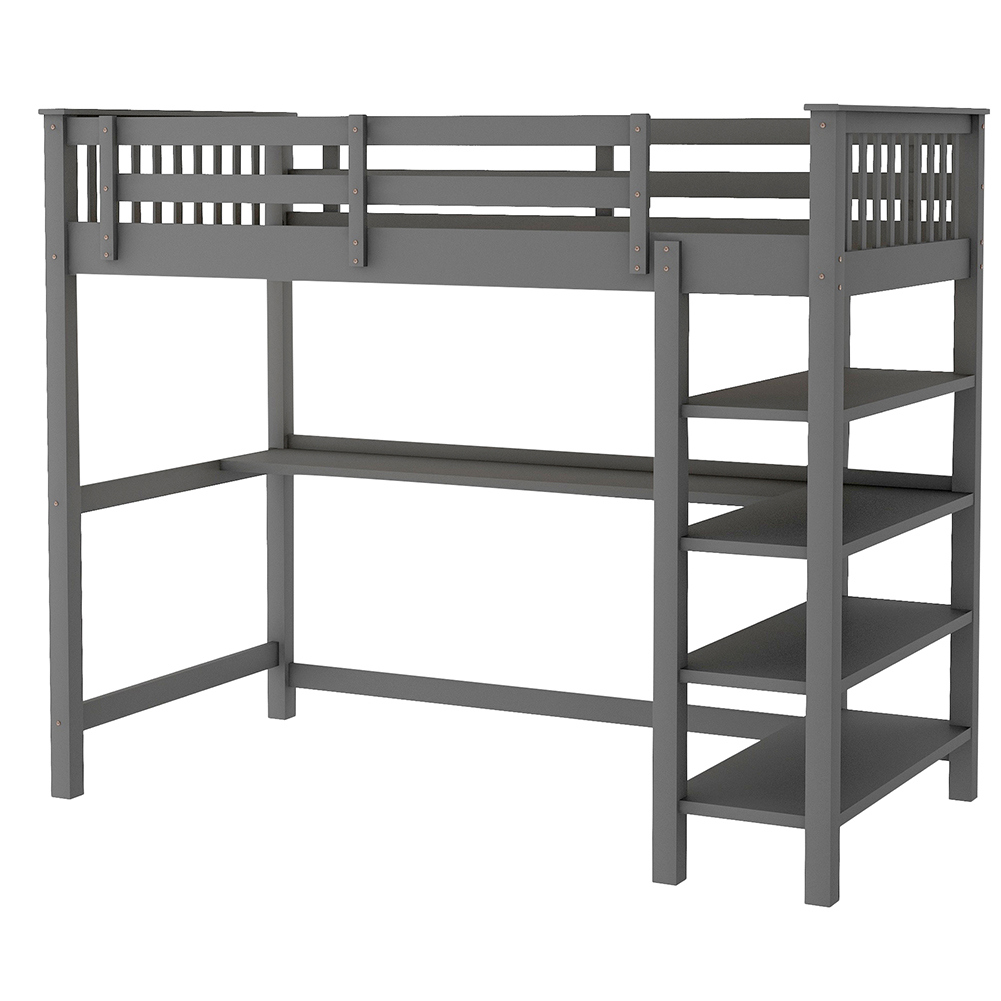 Kadyn Twin Size Loft Bed with Storage Shelves and Under-bed Desk, Gray