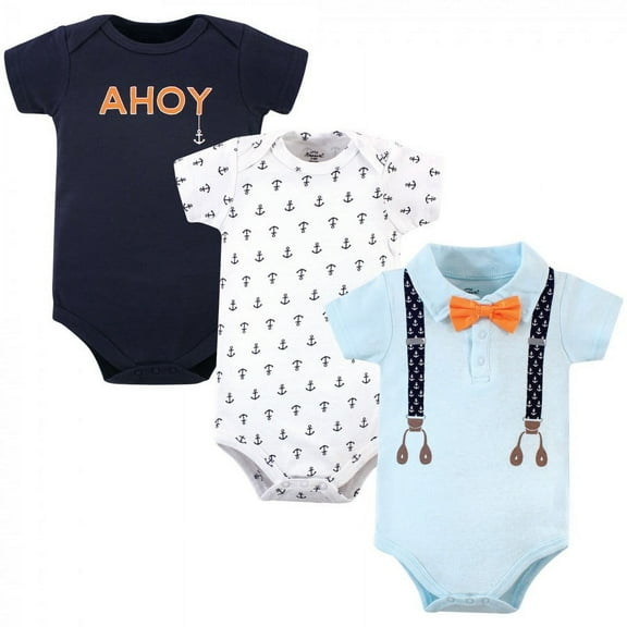 Little Treasure Baby Boy Cotton Bodysuits 3pk, Anchor Suspenders, 0-3 Months