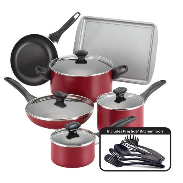 Farberware 21807 Dishwasher Safe Nonstick 15-Piece Cookware Set, Red