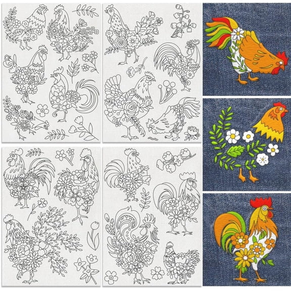 34Pcs Floral Chicken Water Soluble Hand Sewing Stabilizers 8.3"x11.7" Flower Chiken Embroidery Pattern Stabilizer 4 Sheets Animal Stick and Stitch Embroidery Paper Sticker Colorful